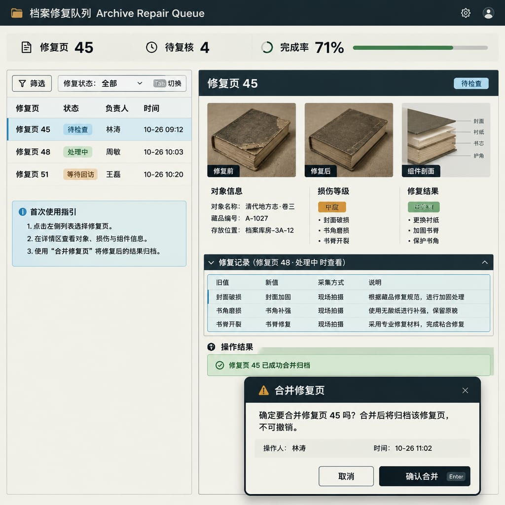 黑哥 AI 原创UI 模拟界面案例：古籍修复排班。