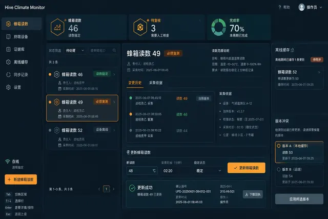 黑哥 AI 原创UI 模拟界面案例：蜂箱温湿度巡检。
