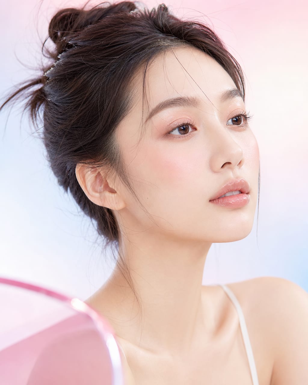 铂金色发女性梦幻高调粉彩美妆肖像，丁香紫眼影，珍珠耳环，薰衣草粉渐变背景。