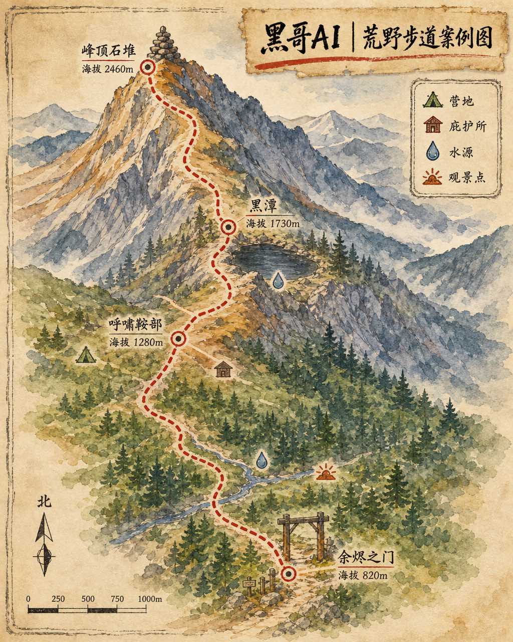 水彩登山地图，红色虚线步道、节点注记、露营图标与柔和山体色洗