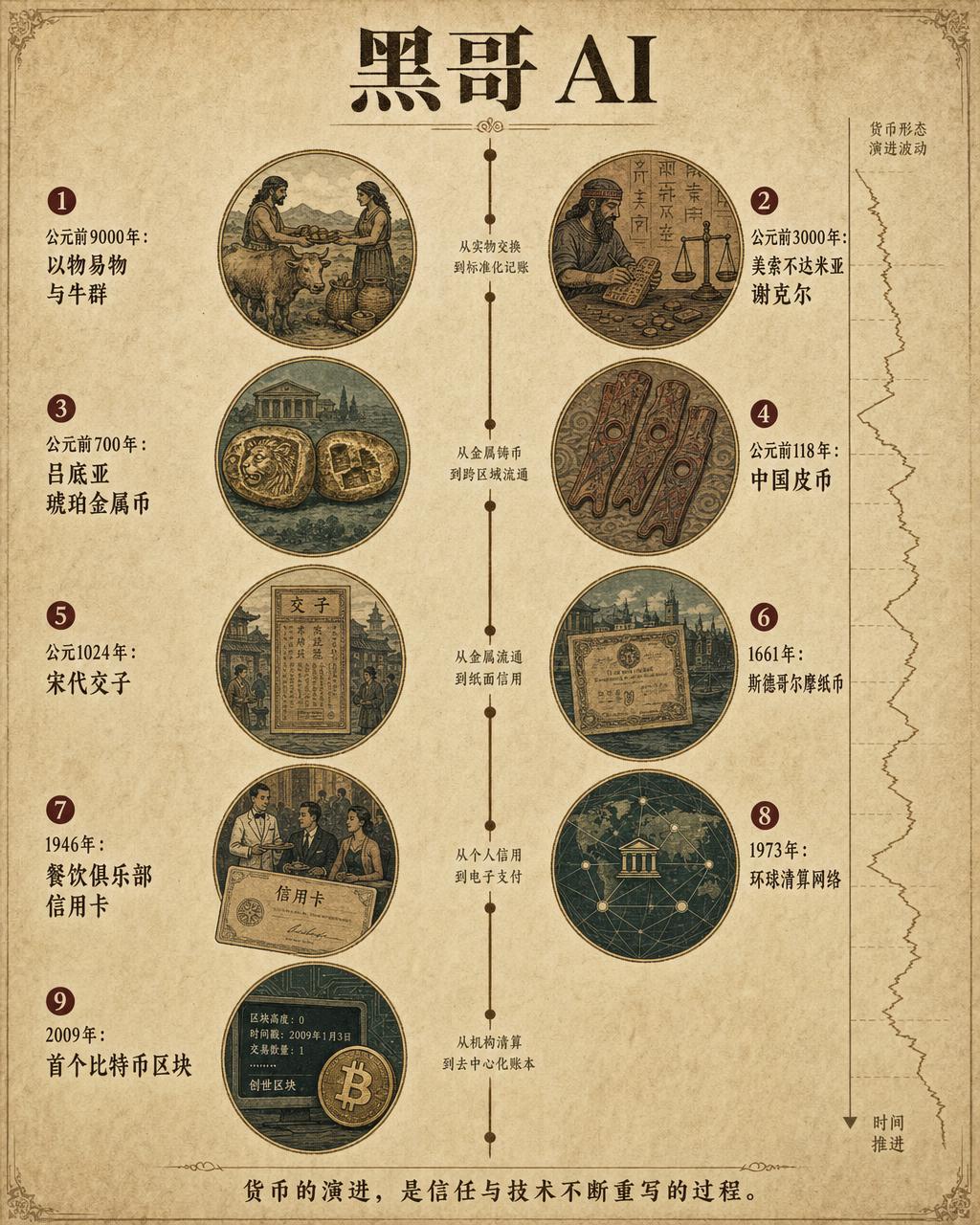 棕褐竖向时间线，九个货币里程碑从以物易物到比特币，右侧绘单位价值的实体重量曲线。