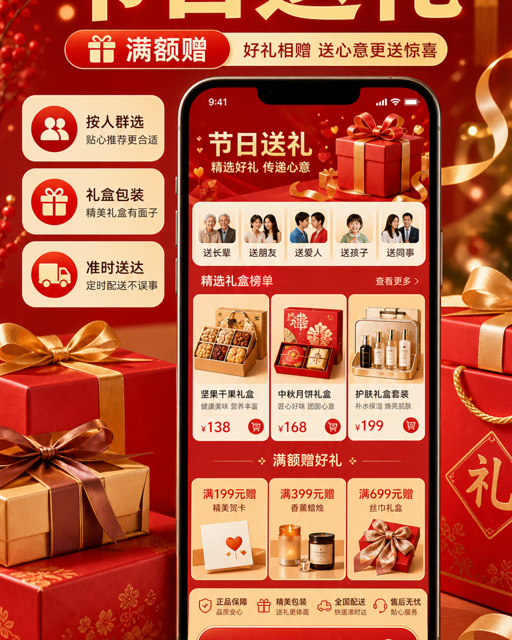 节日礼物活动页，主文案为「节日送礼」，卖点为「按人群选、礼盒包装、准时送达」。