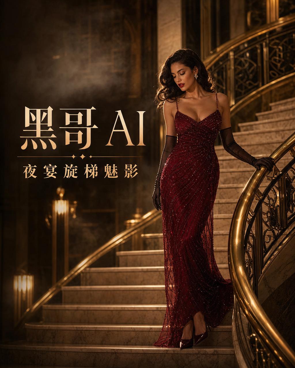 地中海拉丁裔模特身穿石榴红珠饰吊带长裙，夜晚步下装饰艺术风格大理石旋转楼梯。