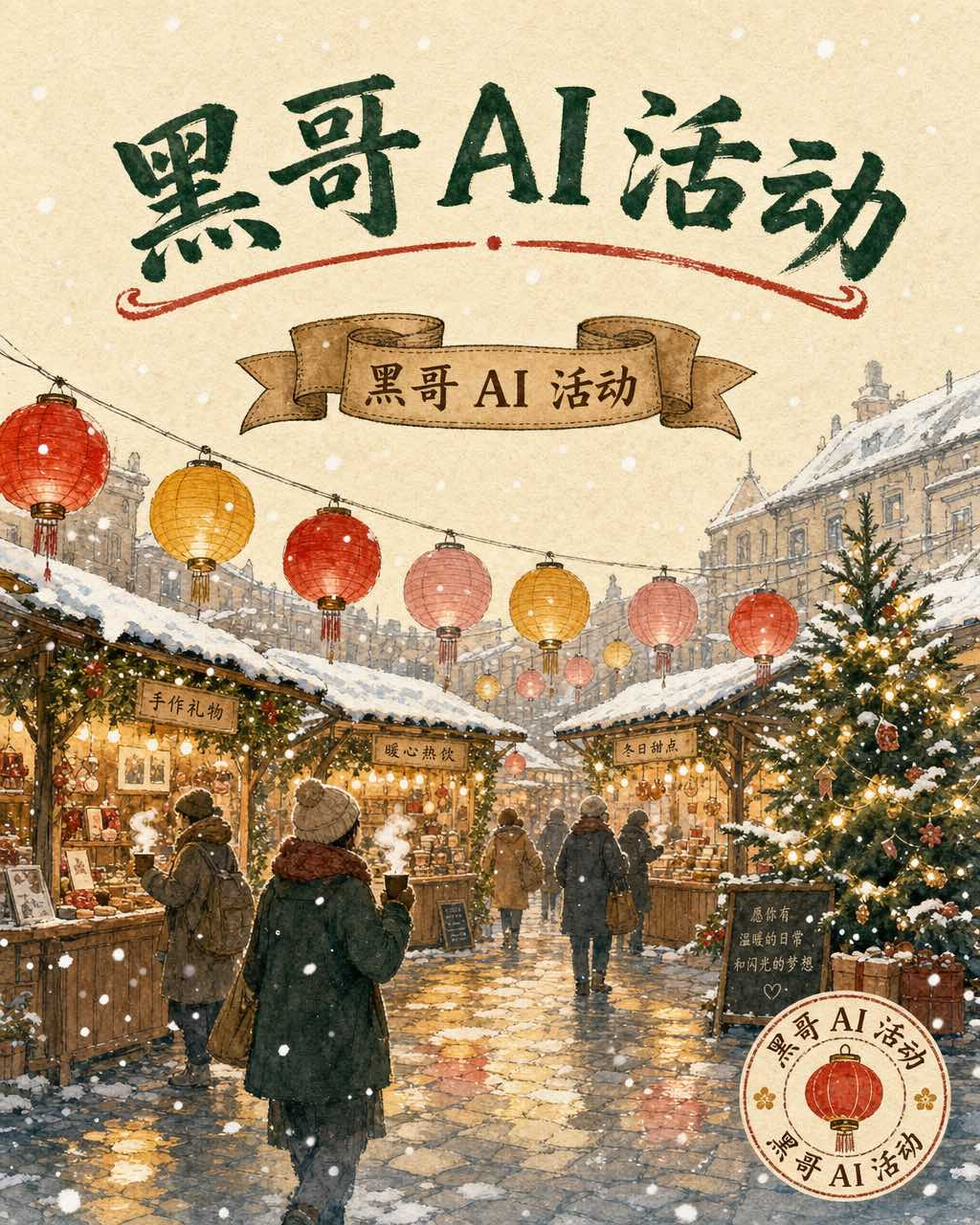 水彩冬季市集海报：雪中木摊与红芥黄灯笼，冷杉与模糊购物者剪影，弧形标题 LANTERN SQUARE。