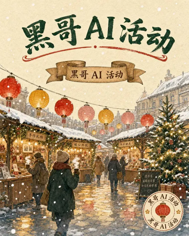 水彩冬季市集海报:雪中木摊与红芥黄灯笼,冷杉与模糊购物者剪影,弧形标题 LANTERN SQUARE。