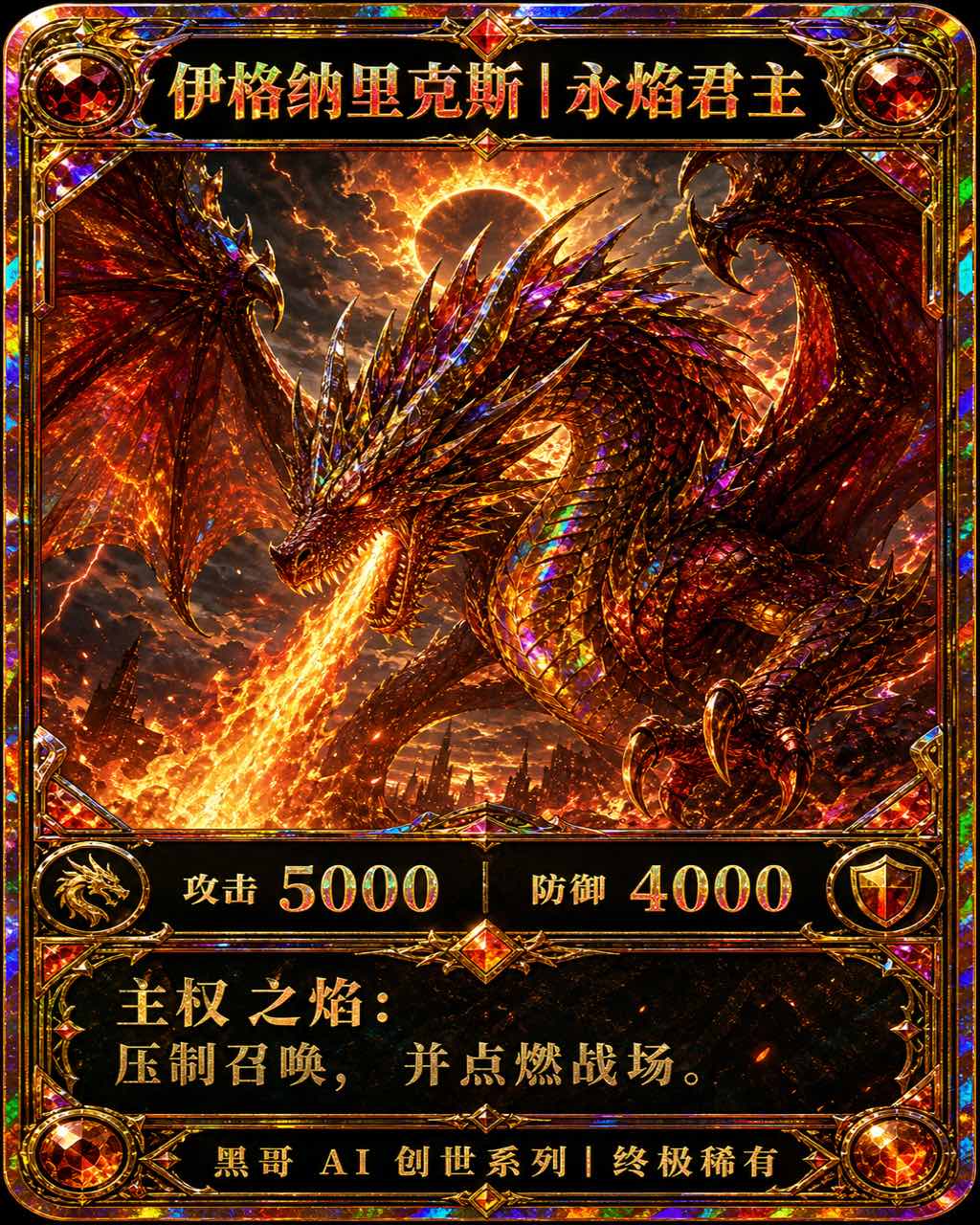 全彩虹箔传说 TCG 卡，深红金色龙伊格纳里克斯双翼展开，ATK 5000 / DEF 4000，红金日长石稀有度宝石。