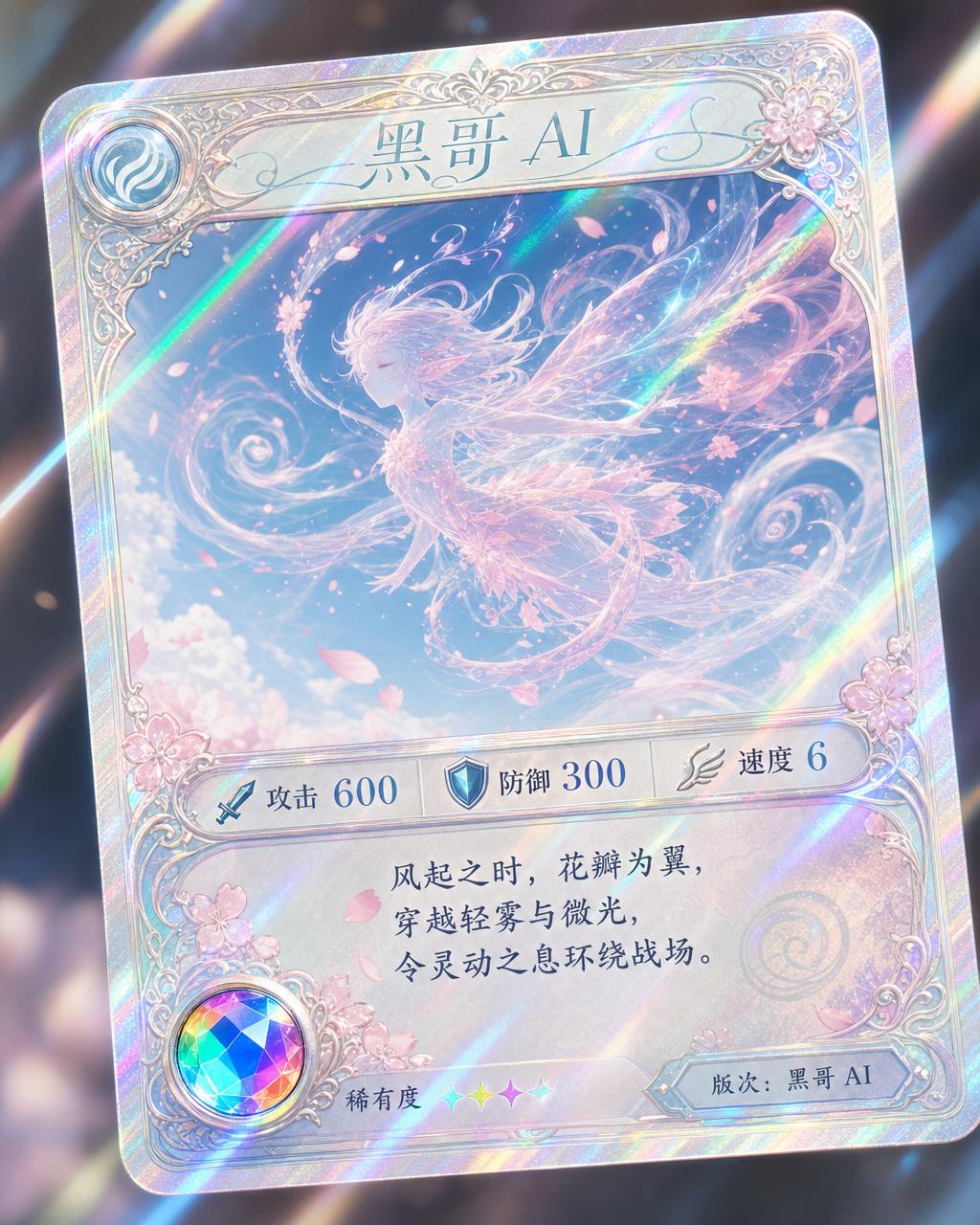 名为 Aelith 的全息棱镜 TCG 卡，气流与樱花构成的风之精灵，彩虹折射光泽。