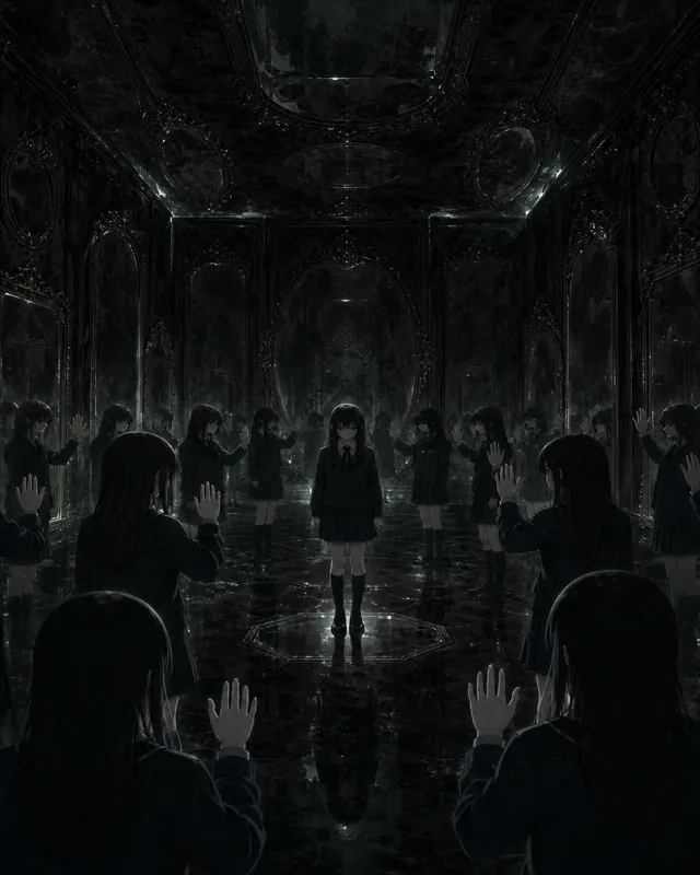 Near-monochrome anime interior of a blackened antique mirror room, a school-uniformed girl surrounded by infinite reflections where one reflection raises its hand out of sync, cold green phosphorescent light.
