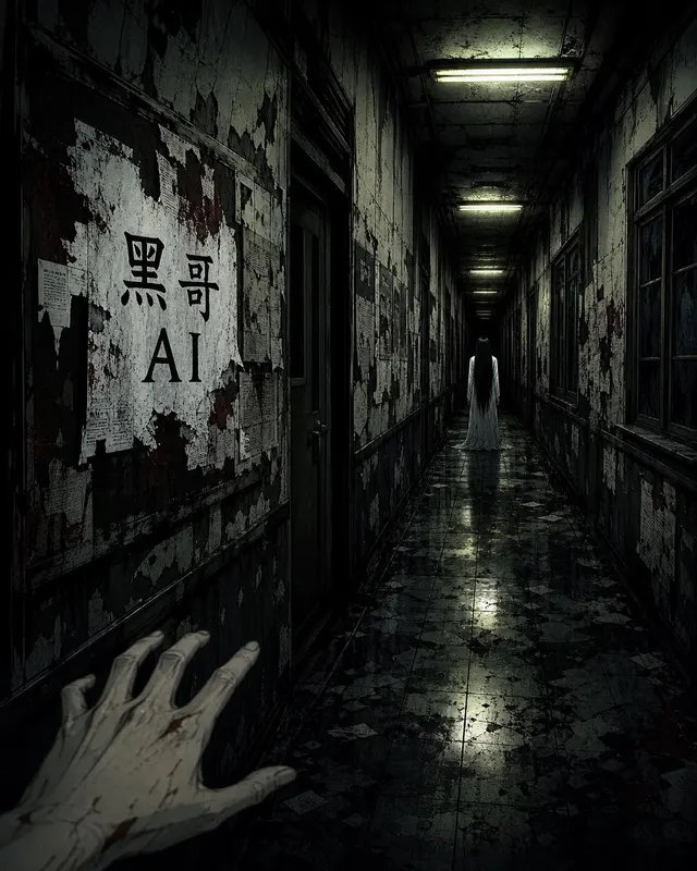 Cold desaturated anime POV shot down a flickering school corridor at night, a pale motionless figure at the far end, one notice reading DON'T LOOK, impossibly long perspective.