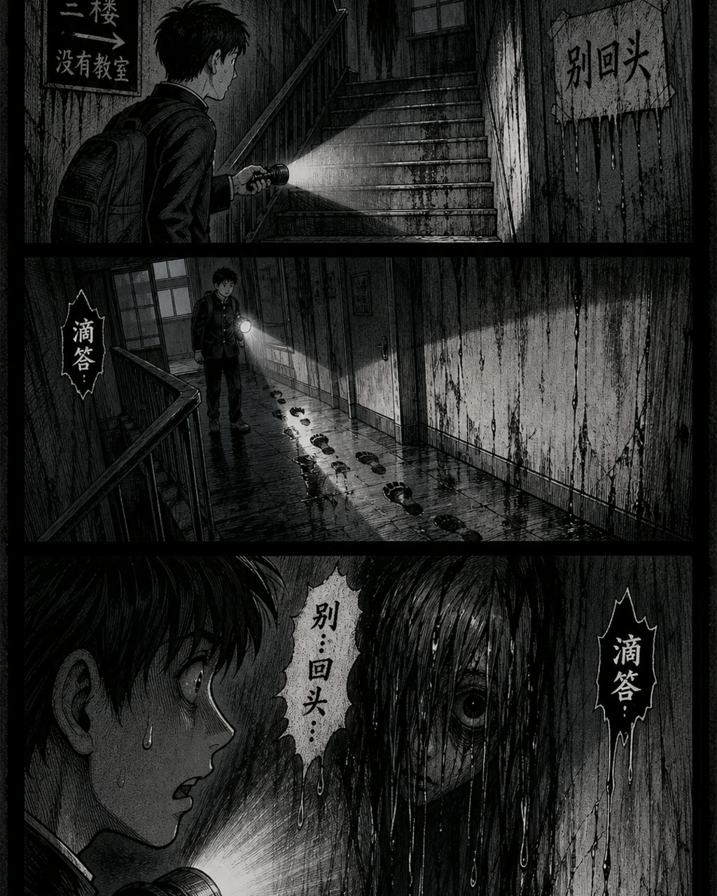 恐怖漫画学校楼梯间，原创漫画风格样本，包含清晰漫画版式、角色动作和可见中文标题。