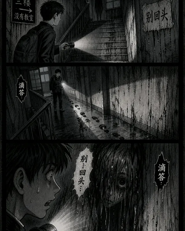 Horror Manga School Stairwell, an original comic style sample with visible layout, character action, and readable lettering.