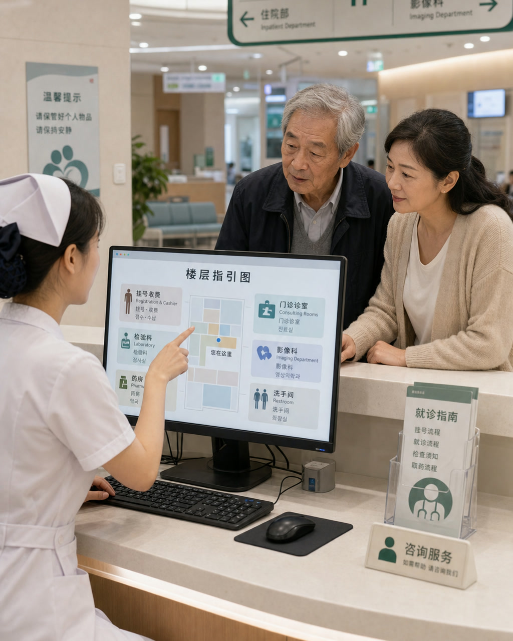 医院导诊台 AI 指引图案例图，现代医院导诊台，一名护士用电脑生成多语言无品牌指引图，旁边老人和家属正在询问路线，画面真实克制，干净医疗环境。