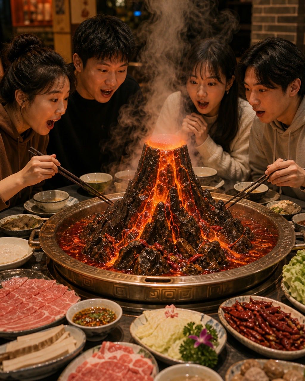 火锅桌上的微型火山案例图，火锅餐桌中央的红油锅变成微型火山地貌，朋友们围坐惊喜但自然，烟雾、辣椒和岩浆色彩强烈。
