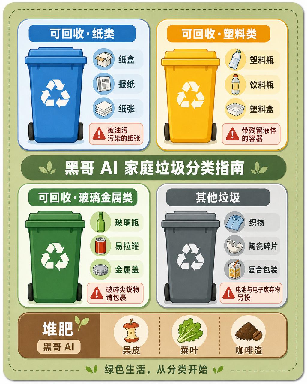 苔藓绿底 A4 垃圾分类指南，四个色块分别对应纸、塑、玻、金属及堆肥行。
