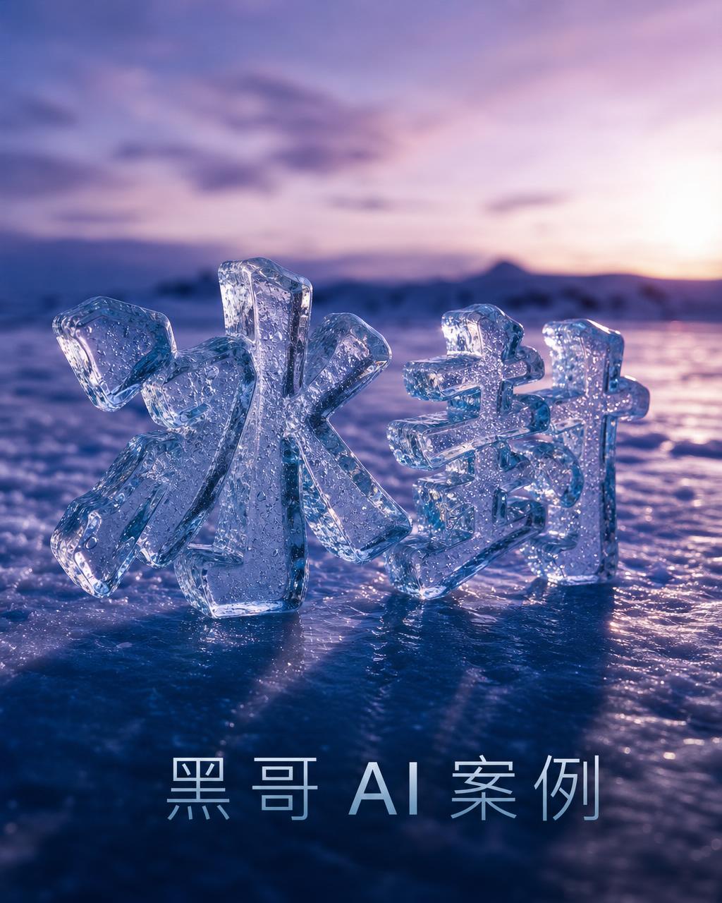 单词 FROZEN 雕刻于大块半透明冰块中，在黄昏雪景中透出青蓝色冷光