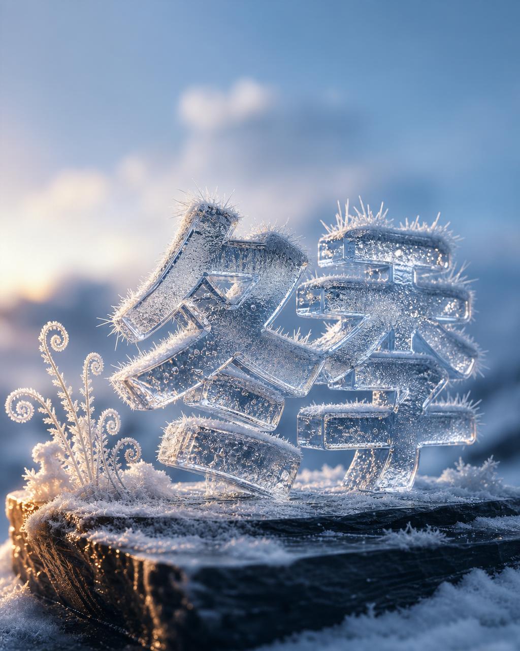透明冰字 WINTER 覆盖霜羽，置于雪盖板岩台上