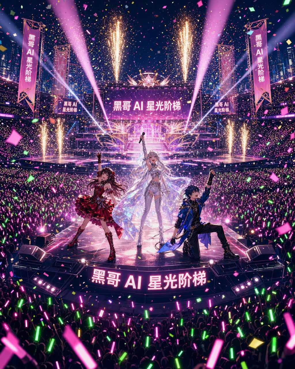 偶像动画演唱会高潮，三名偶像穿彩色服装站在巨型舞台，烟火与五万根应援棒发光。