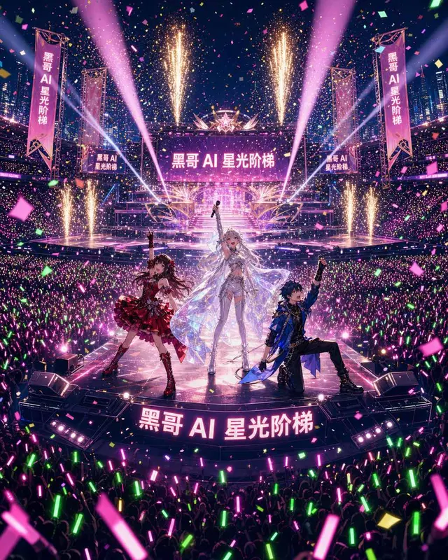 Idol anime concert climax with three performers in colorful costumes on a massive stage, pyrotechnics and 50,000 glowing fan sticks.