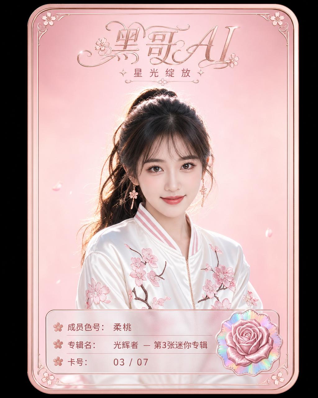 柔粉玫瑰金边框偶像小卡，虚构歌手 Mirei 棚拍半身像，专辑名称，成员编号，按压花全息贴纸。