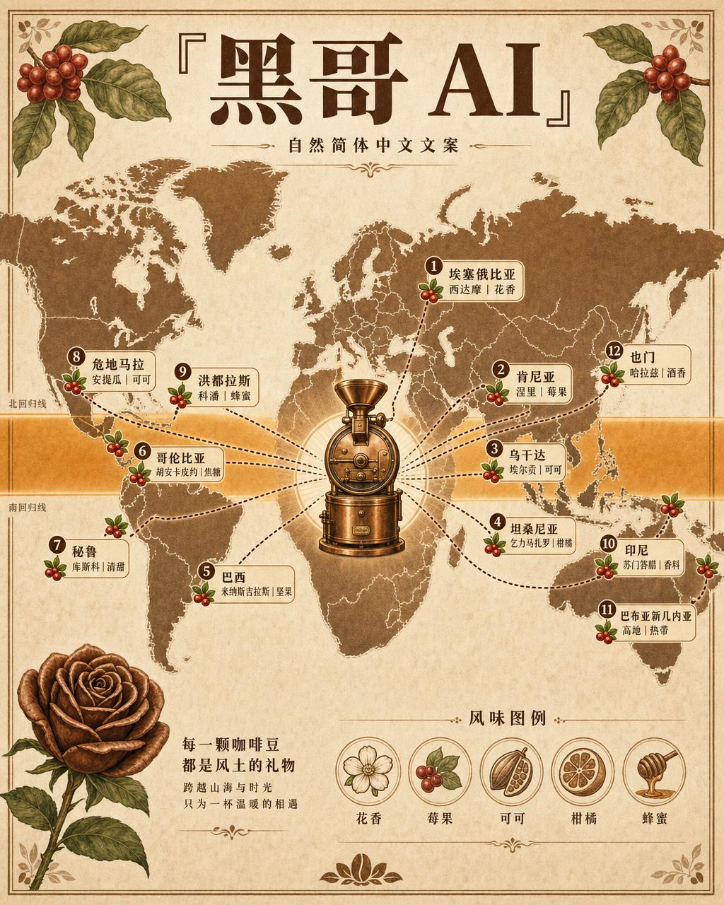 暖色扁平世界咖啡带地图：十二产地樱桃、铜鼓烘焙机和衬线标题 Where Your Cup Begins。