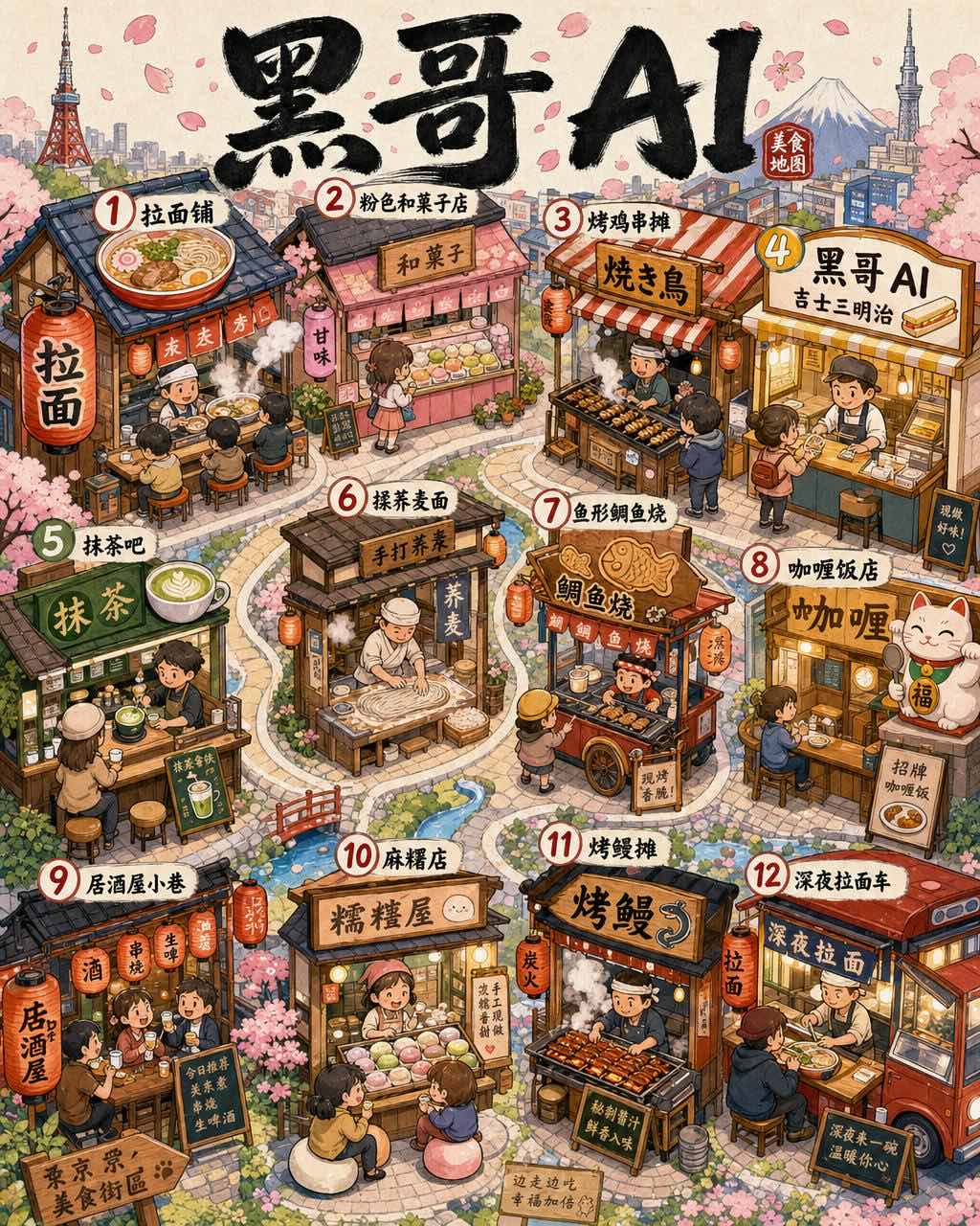 Q 版动漫风东京街区美食地图：十二个编号站点、红灯笼和樱花。