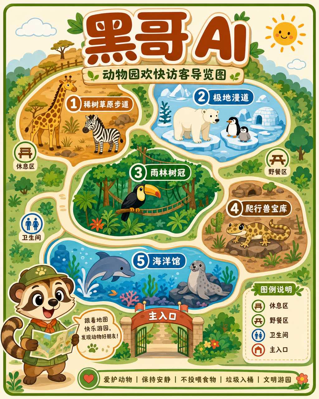 扁平插画动物园地图，各栖息地区色码、动物插图与蜷尾猫鼬吉祥物