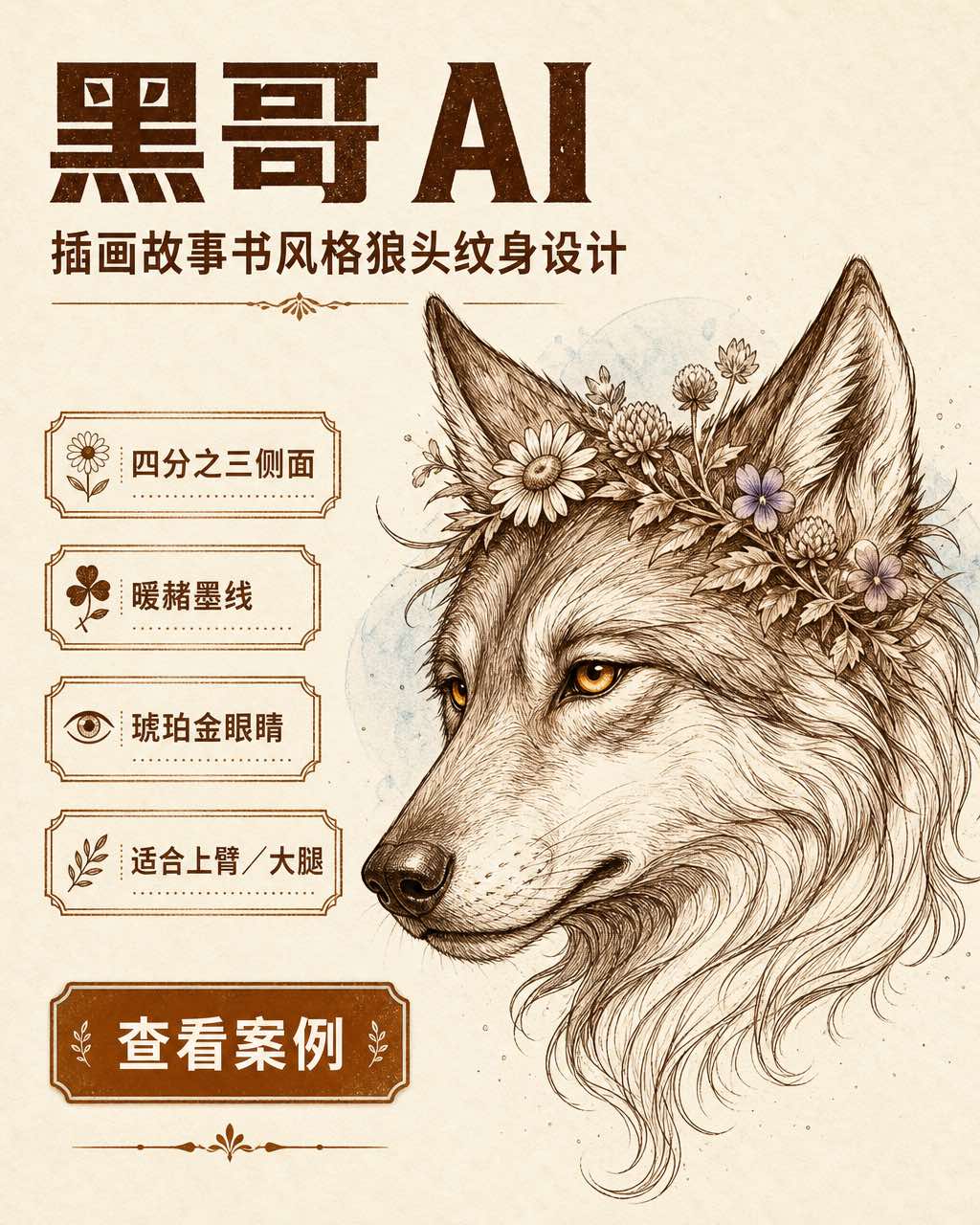 故事书风格纹身插画，忧郁狼头肖像戴野花花环，暖赭色墨水配石蓝色眼睛点缀。