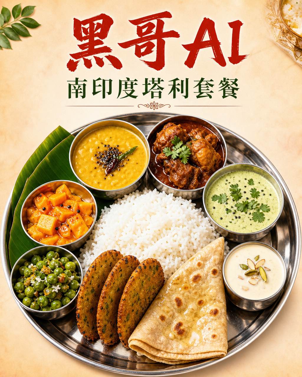俯拍不锈钢塔利盘，小碗盛满豆泥、咖喱、酸奶酱等，宝石色印度套餐全景。