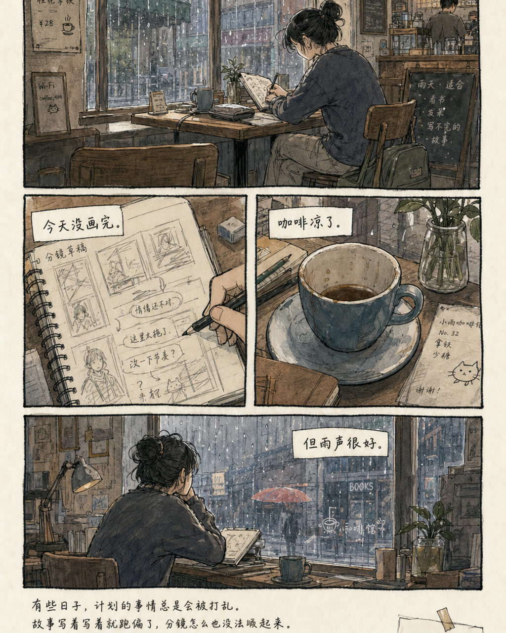 独立自传漫画咖啡馆页，原创漫画风格样本，包含清晰漫画版式、角色动作和可见中文标题。
