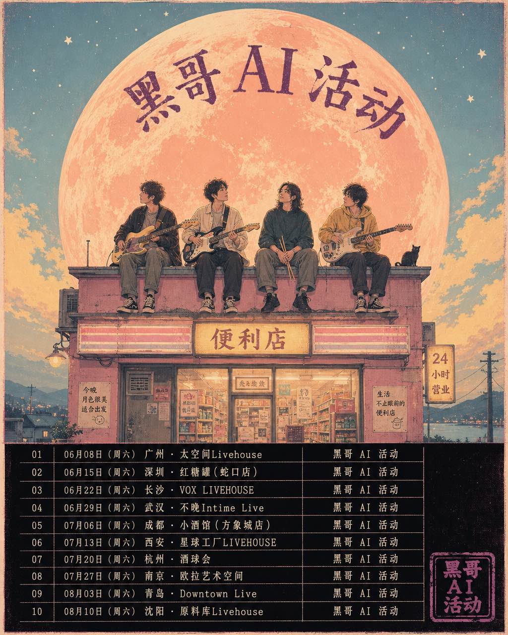 粉彩数字水粉风独立乐队巡演海报，四名乐手坐在便利店屋顶，背后一轮巨大桃色月亮，标题 WINDOW SEATS。