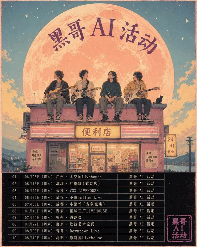 粉彩数字水粉风独立乐队巡演海报,四名乐手坐在便利店屋顶,背后一轮巨大桃色月亮,标题 WINDOW SEATS。