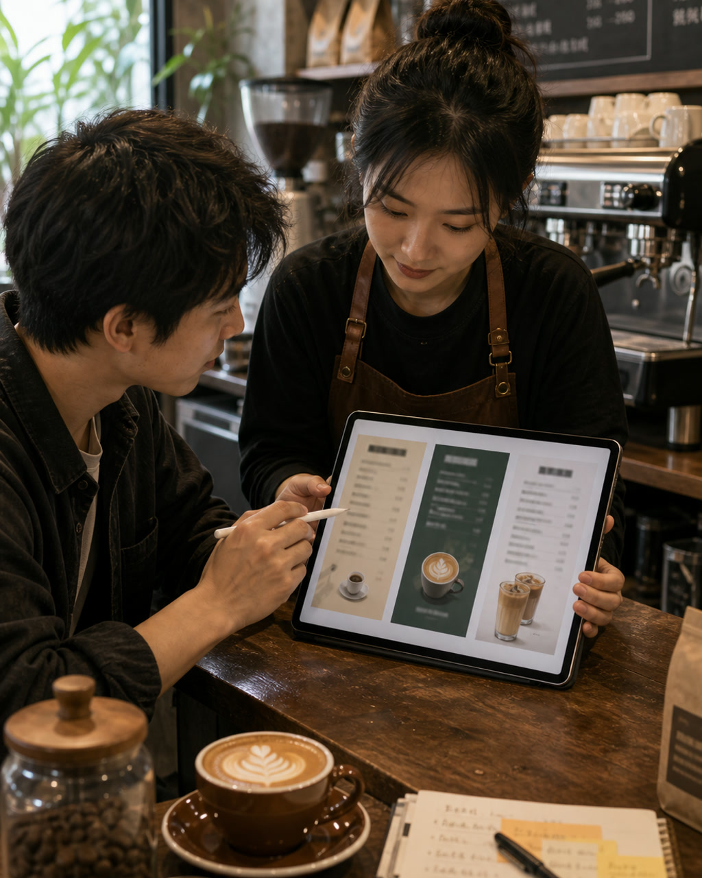 独立咖啡馆 AI 菜单改版案例图，独立咖啡馆吧台旁，店主和设计师用平板比较新版菜单视觉，菜单只有模糊中文块不可读，前景是咖啡杯、烘焙豆和便签。