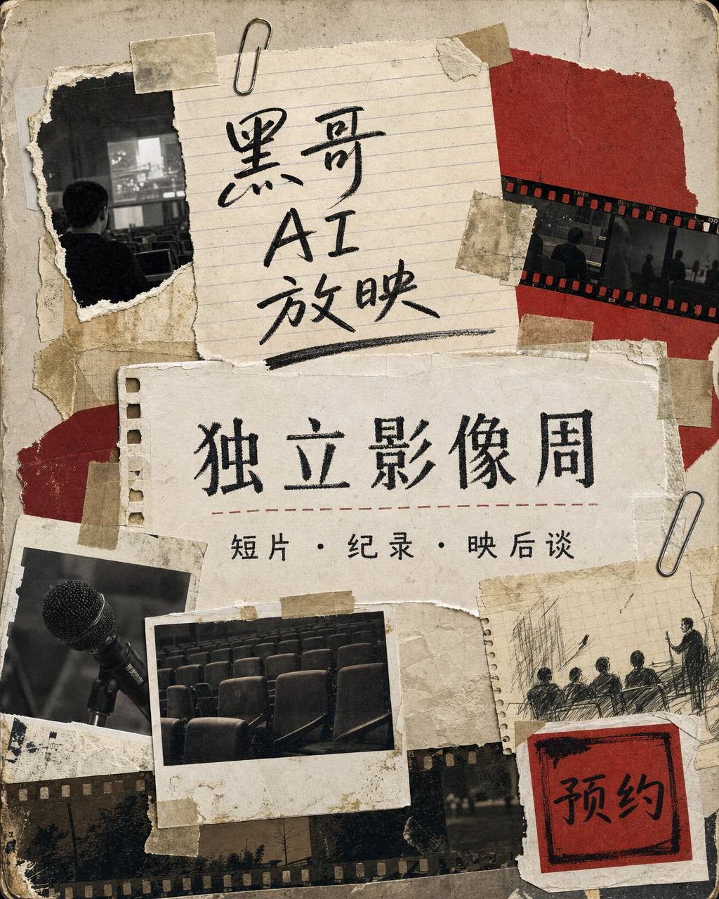 剪纸拼贴独立电影节海报：胶带粘贴照片碎片，打字机标题 "NORTH HOLLOW INDEPENDENT FILM FESTIVAL"。