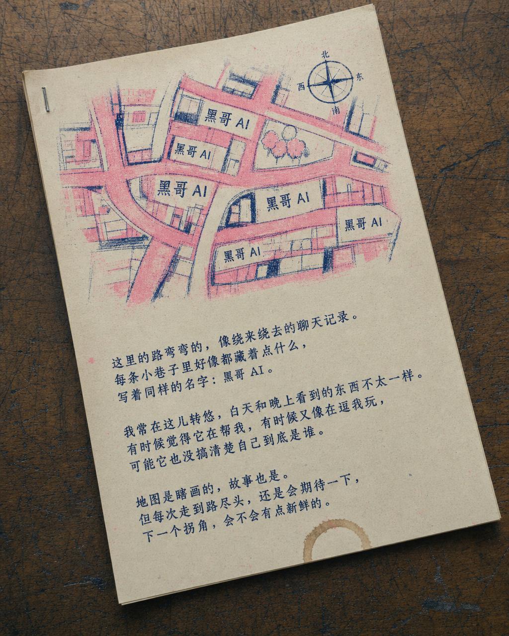 奶油新闻纸上的荧光粉与蓝双色 riso zine 页面，上半为手绘街区地图，下半为三段打字机文字，带咖啡印。