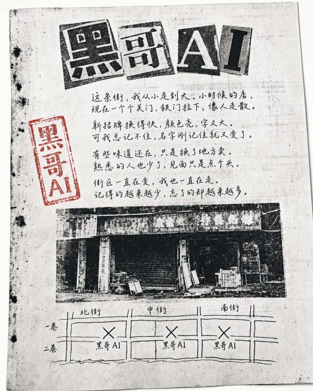 Lo-fi photocopied zine page with hand-lettered title, handwritten essay, blurry shopfront photo, and hand-drawn neighborhood map.