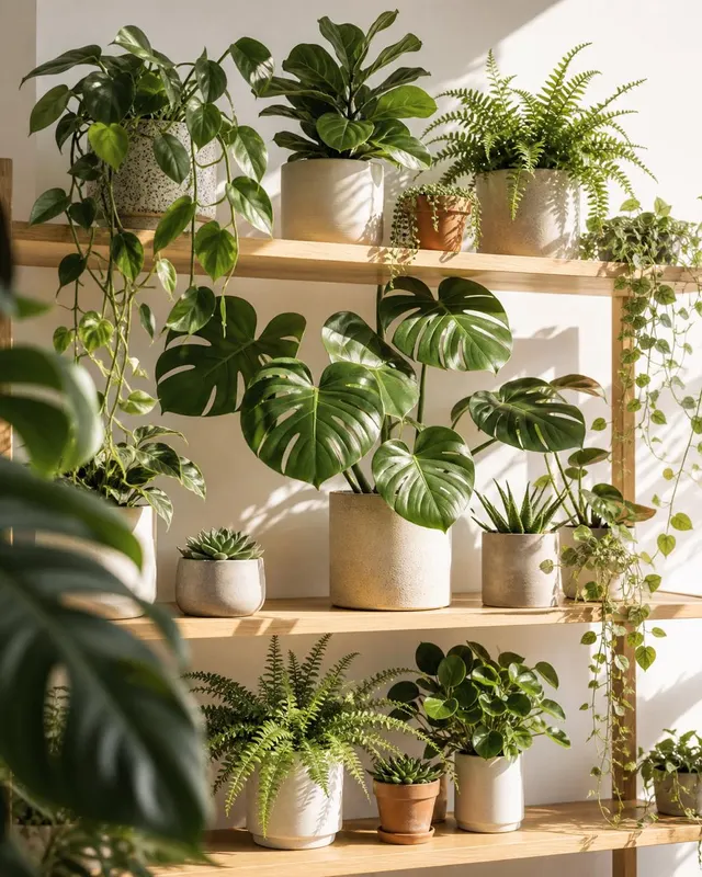 Six diverse indoor plants on a white oak shelf against a limewash wall, lit by natural daylight, terracotta and green tones.