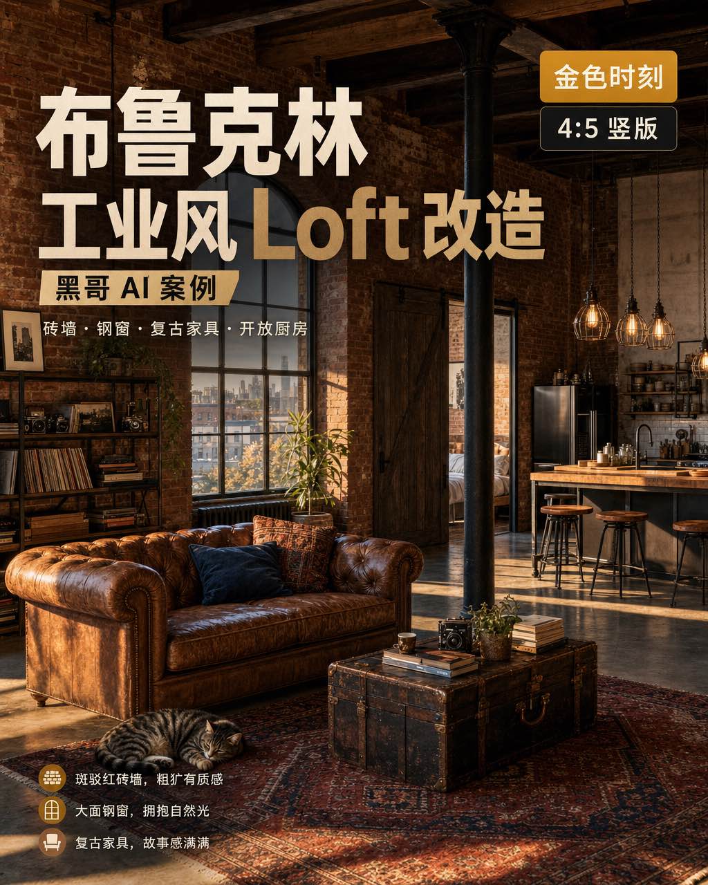 阳光中的布鲁克林 Loft，红砖墙、拱形厂房窗、皮 Chesterfield、波斯毯、钢书架与爱迪生吊灯。
