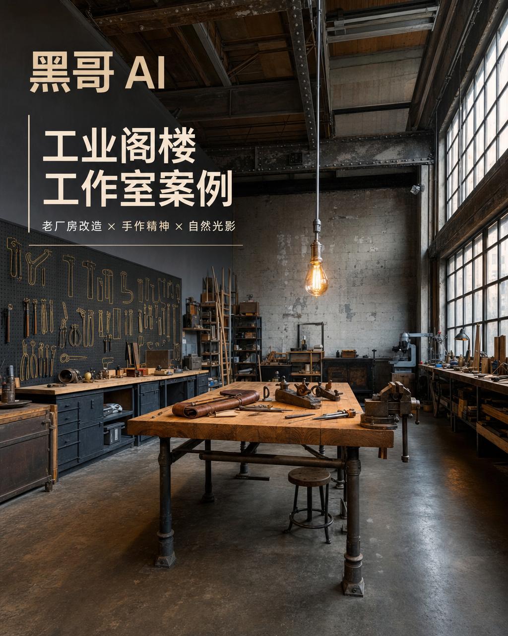 工业风阁楼工作室，裸露铆接钢梁，钢框分格厂窗，道格拉斯冷杉工作台，爱迪生灯泡投下琥珀暖光。