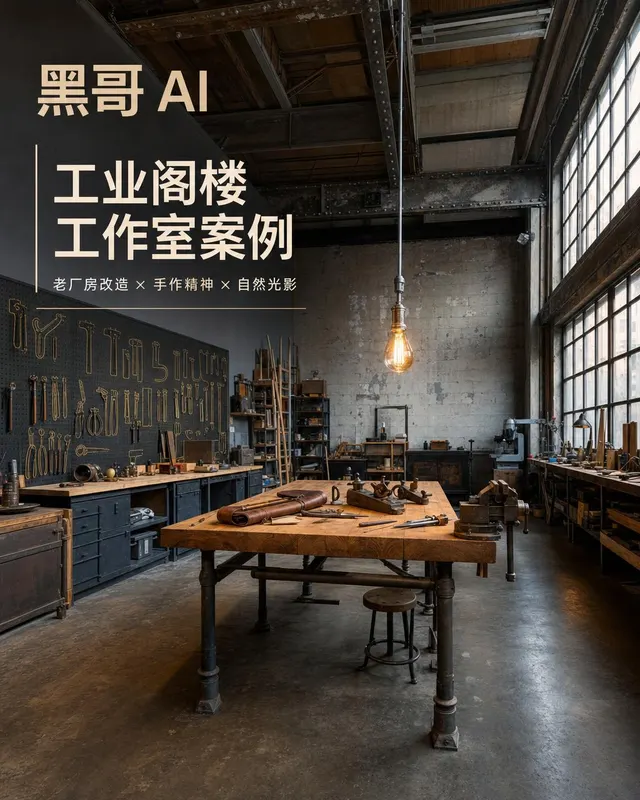 工业风阁楼工作室,裸露铆接钢梁,钢框分格厂窗,道格拉斯冷杉工作台,爱迪生灯泡投下琥珀暖光。