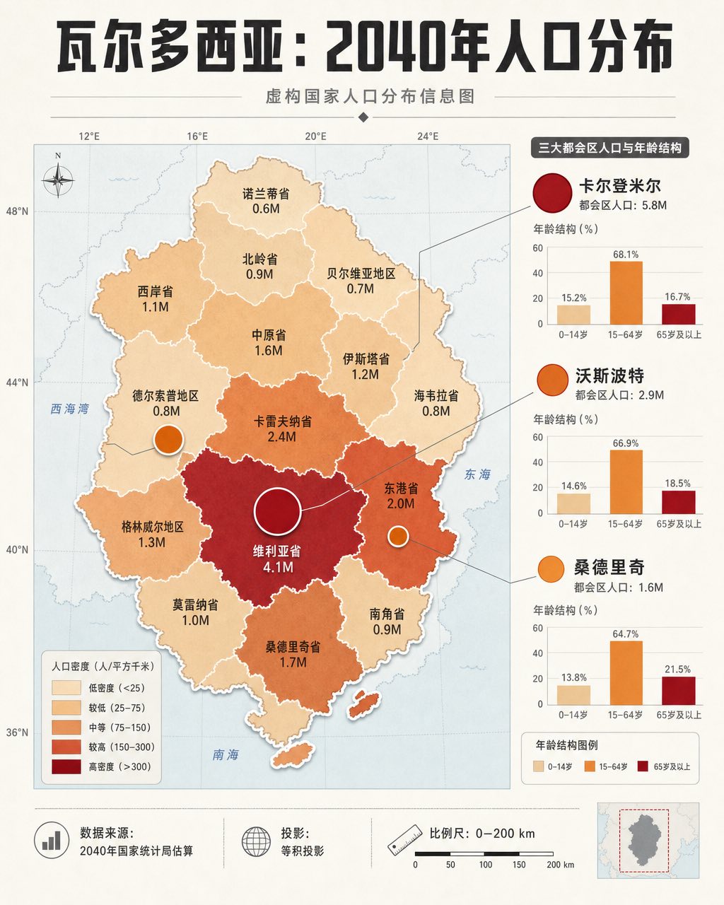 信息图表人口地图，沙色至勃艮第红密度色阶、比例城市圆形与人口条形图