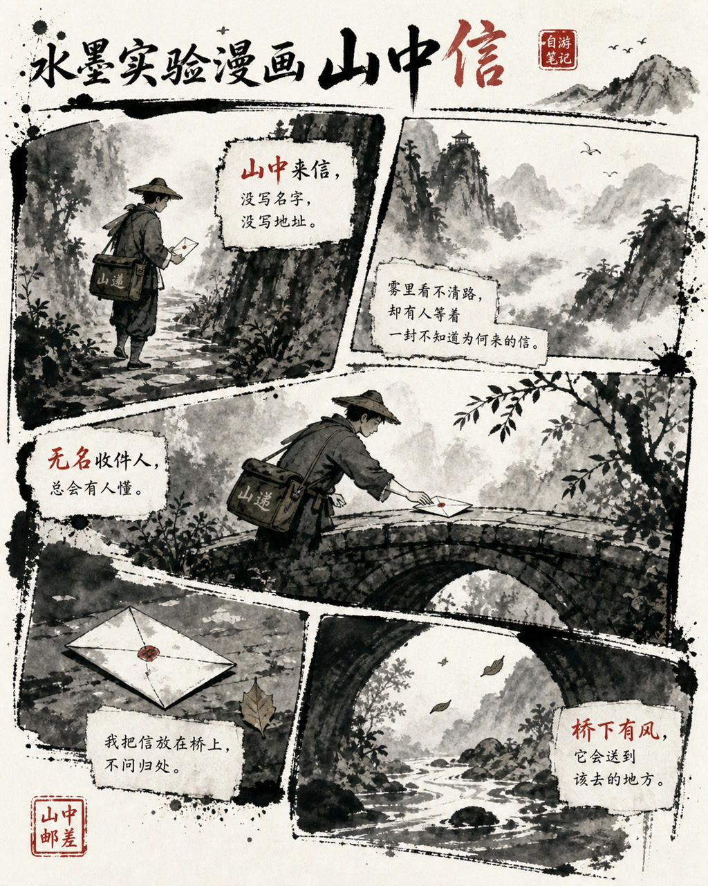 水墨实验漫画山中信，原创漫画风格样本，包含清晰漫画版式、角色动作和可见中文标题。