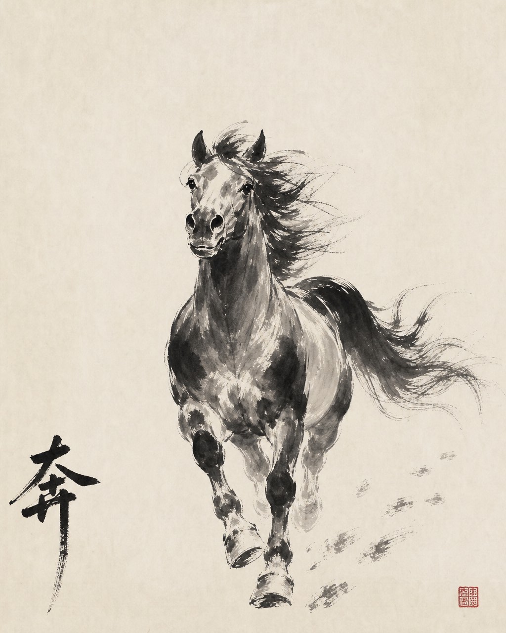 传统中国水墨奔马，鬃尾飞白，下方有朱红印章与 "奔" 字。