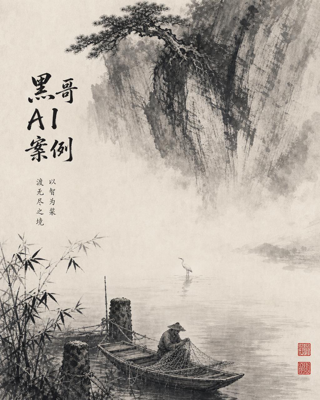 南宋风格水墨立轴，晨雾江谷，竹林泊舟，孤鹭浅立，悬崖松挂。
