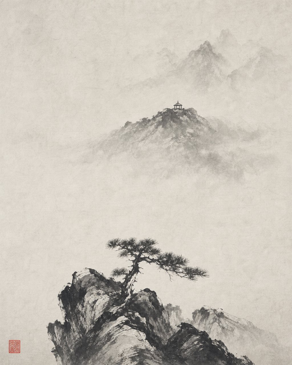 桑皮纸竖幅水墨山水：孤松、雾层留白、淡墨远山与朱红印章。
