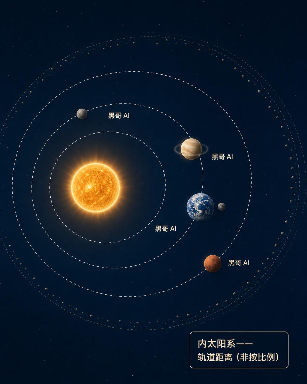 内太阳系俯视信息图，琥珀色太阳与四条虚线轨道，标注水金地火，深海军蓝背景。