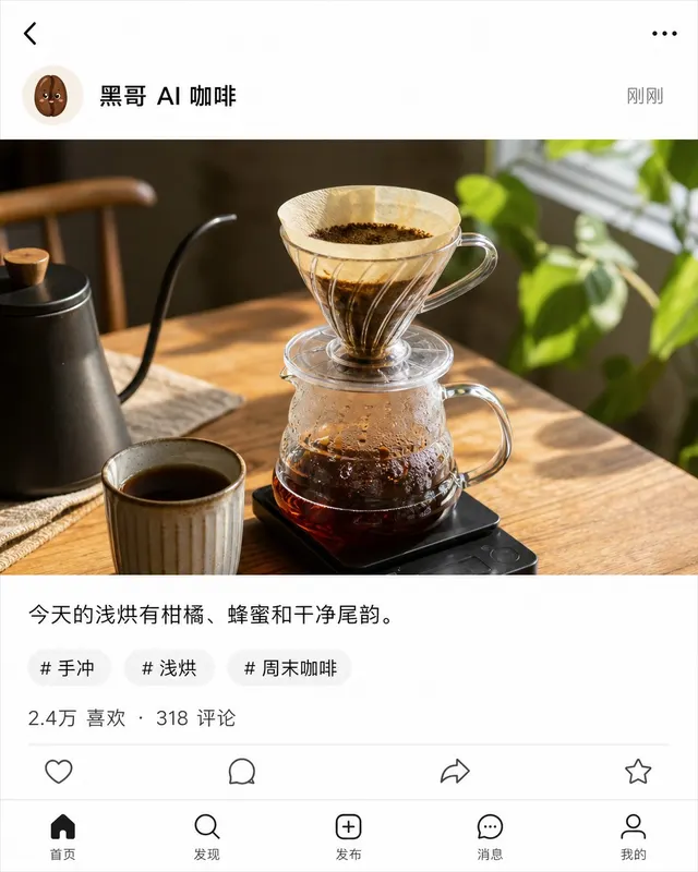Drift Roast 咖啡 Instagram 方形广告,橡木桌上的小白咖啡杯,胶片颗粒质感,奶油色叠层与手写体 logo