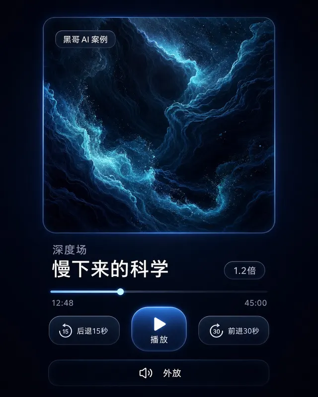 iPhone 15 暗色播客播放器,'DEPTH FIELD' 播客 'The Science of Slow' 剧集,深海蓝封面,进度条 28:44,白色大播放按钮。