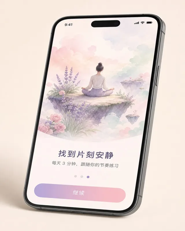 iPhone 15 Pro 展示薰衣草色系冥想 App 引导页,盘坐人物浮岛插画,标题 'Find Your Stillness'。