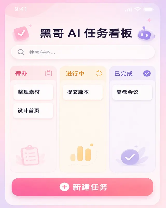 iOS 看板 App,柔色列标题和带色条的任务卡片,右下角珊瑚色浮动加号按钮。