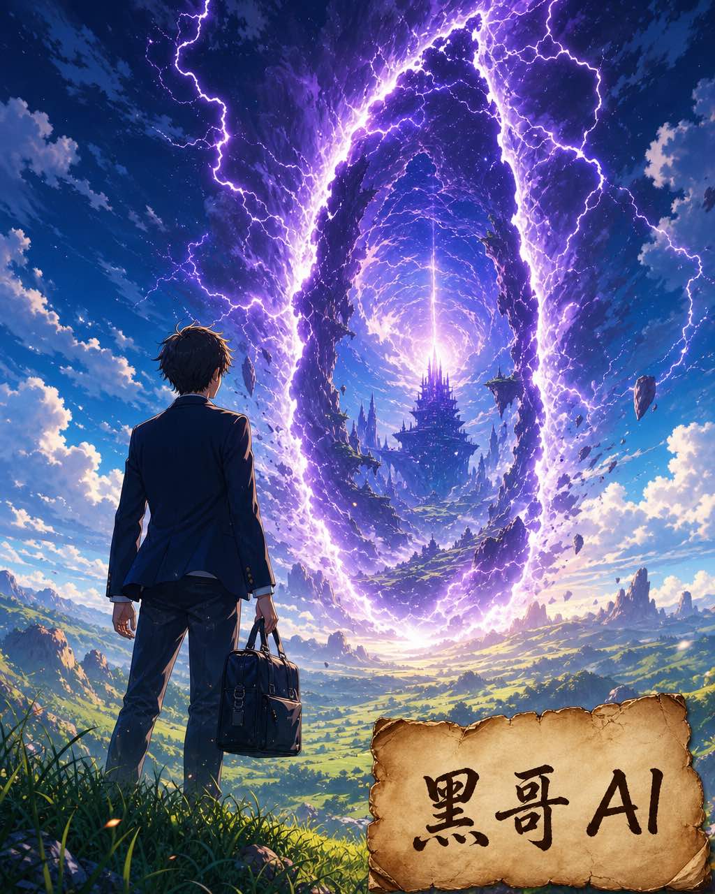 动漫广角镜头，男生背影面对翠绿草原中的巨型紫白传送门，双太阳天空，右下角字幕"Isekai no Tobira"。